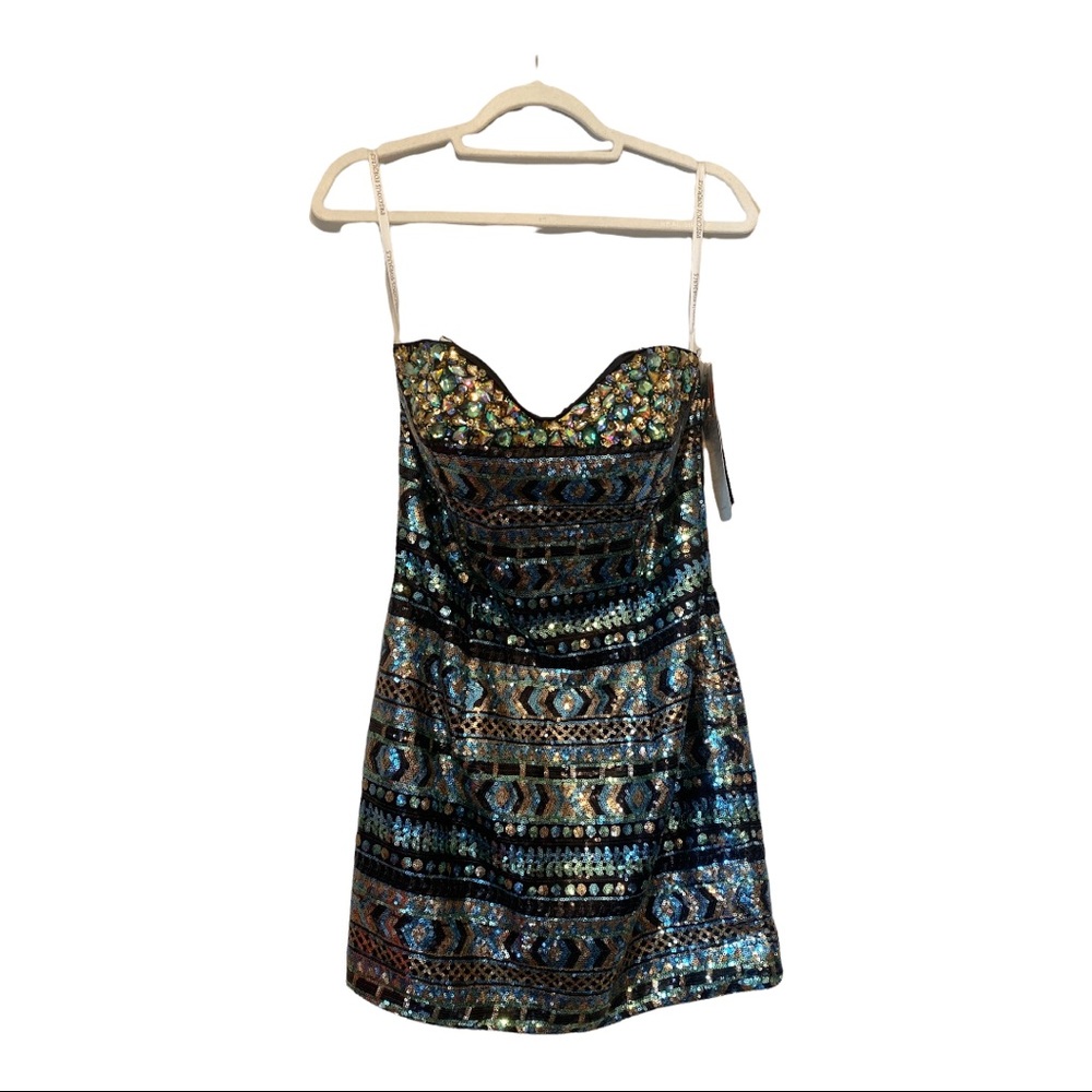 Precious Formals Metallic Sequined Strapless Cocktail Dress